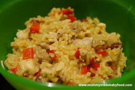Chicken and rice pilaf is a one pot baby rice dish to feed and to please.