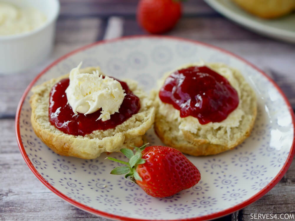 Scones with clotted cream and strawberry jam