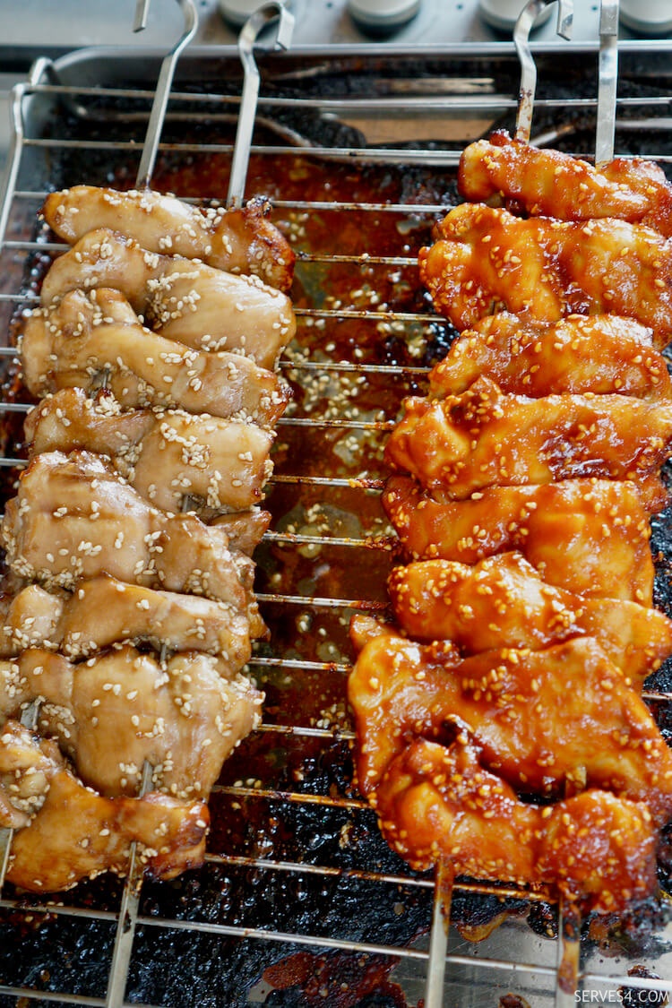 Grilled Korean chicken in a sesame and soy glaze, spicy and non-spicy.