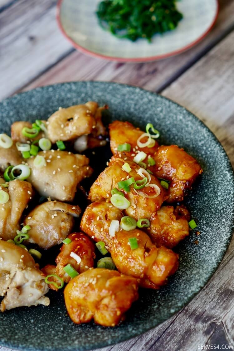 Grilled Korean chicken in a sesame and soy glaze, spicy and non-spicy.