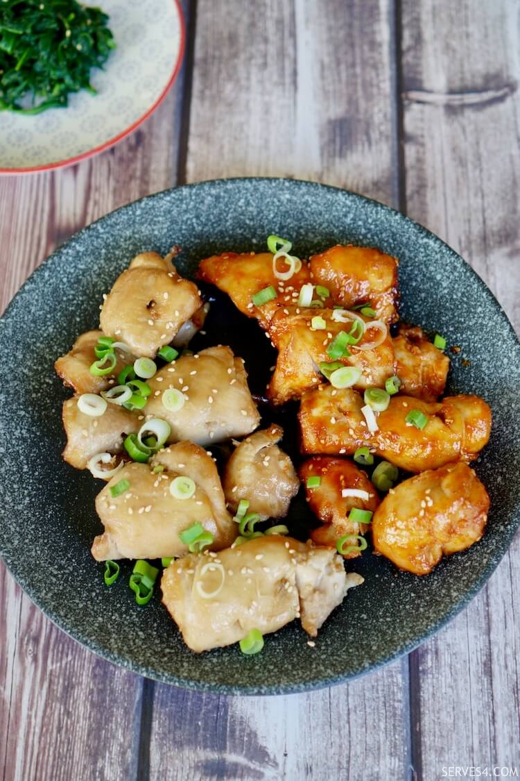 Grilled Korean chicken in a sesame and soy glaze, spicy and non-spicy.