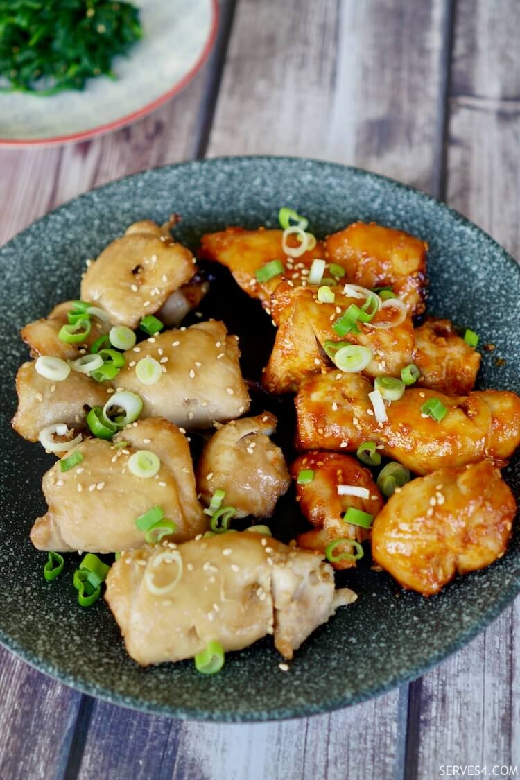 Grilled Korean chicken in a sesame and soy glaze, spicy and non-spicy.