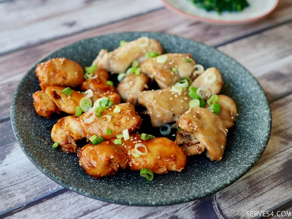 Grilled Korean chicken in a sesame and soy glaze, spicy and non-spicy.